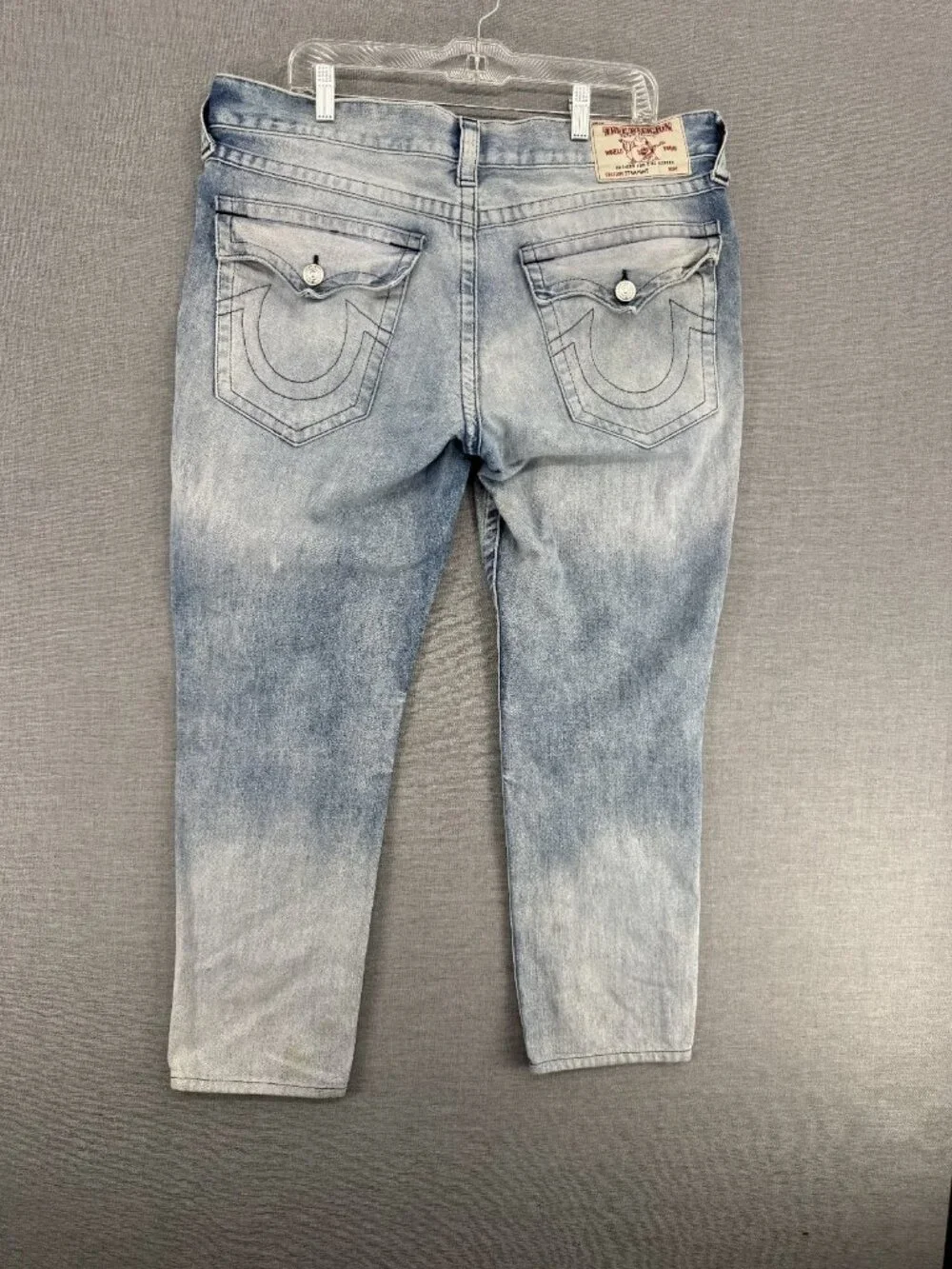 True Religion Jeans Mens 38x25 Blue Denim Pants Embroidered Flap Pockets Fade